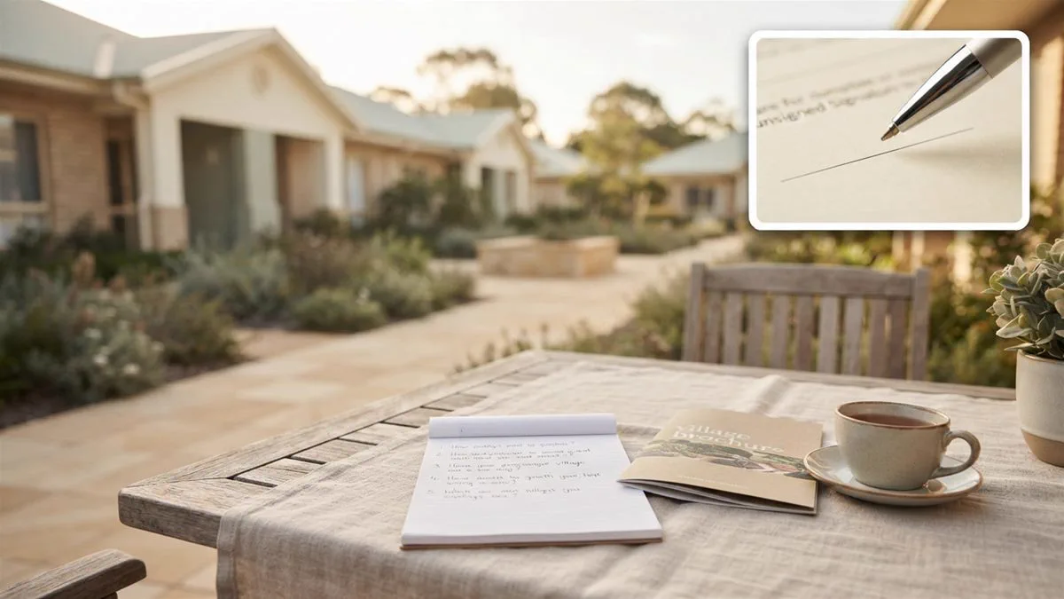 A list of questions on a notepad beside a village contract